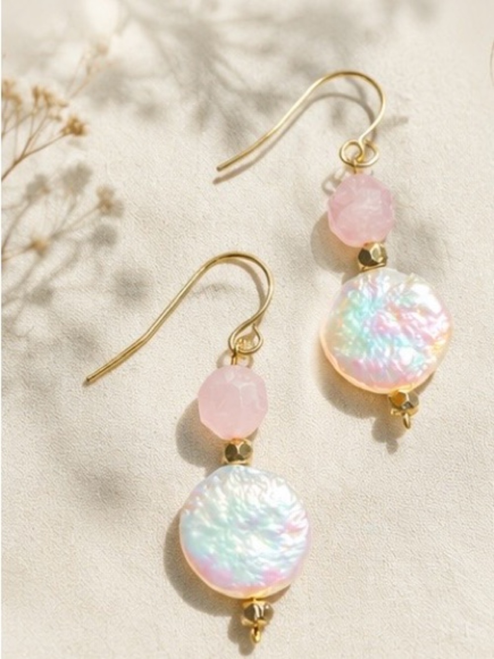 Iridescent Pink Kunzite coin Pearl Drop Earrings – Gold Hooks